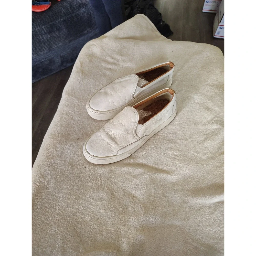 Soludos White Leather Slip On Sneakers Platform Loafers Whipstitch Tan Heel 7.5 - Picture 2 of 4